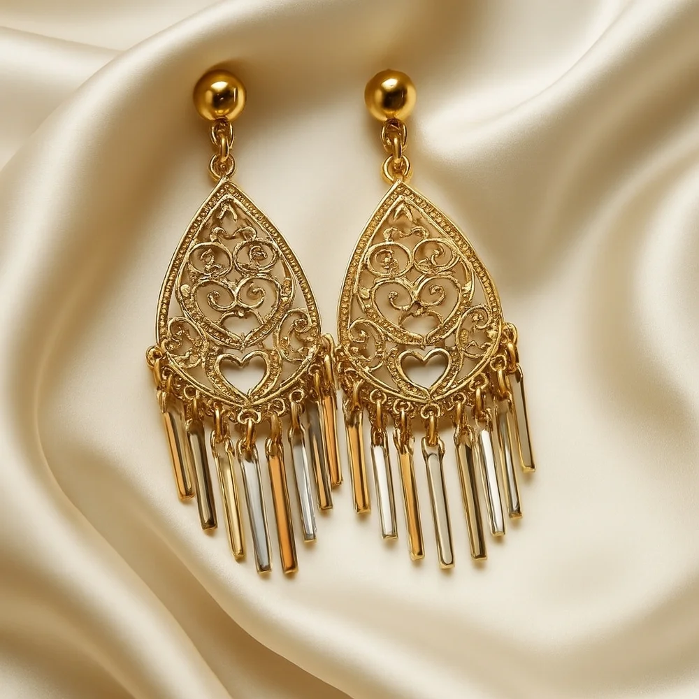 Gold Filigree Teardrop Fringe Earrings – Triple-Tone Dangle Statement Jewelry